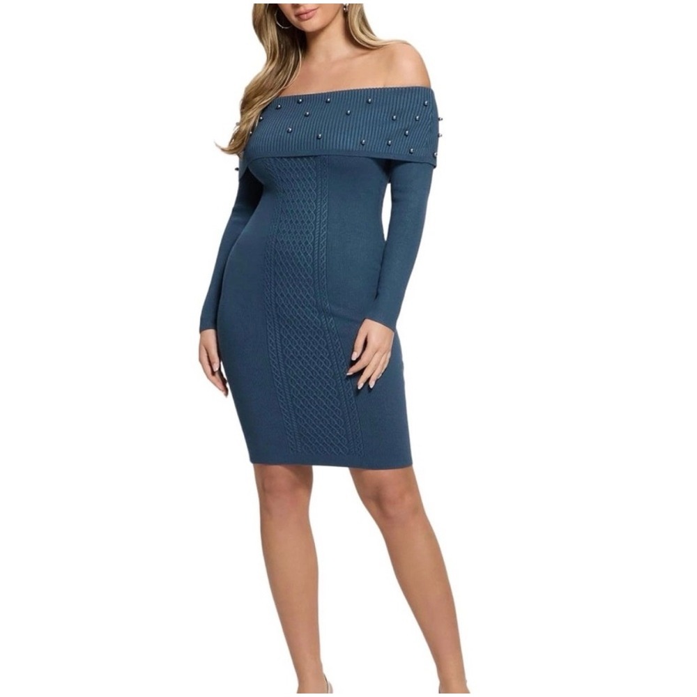 Guess Womens Off Shoulder Pearl Embellished Cable Knit Sweater Dress Teal Blue S